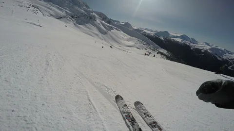 Point of View Of Man Skiing Downhill Fast At A Ski Resort Stock Footage 86692906