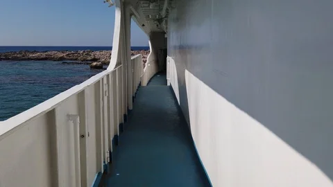 The point of view of a man walking along the deck and along the corridors of  Stock Footage 122572391
