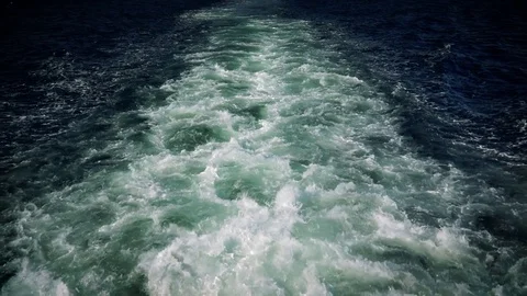 The point of view of a man who stands on the stern of the ship and looks at t Stock Footage 88238347