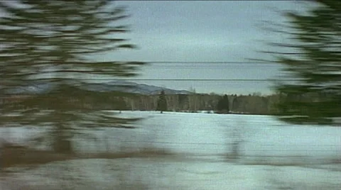 Point of view passenger train windows with snowy field and trees 스톡 동영상 29806579