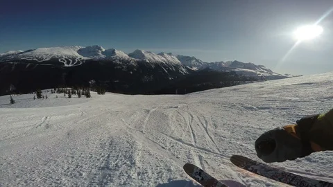 Point Of View Perspective Of Skier Going Fast Down Wide Open Ski Run On A Sunny  Video stock 86691247