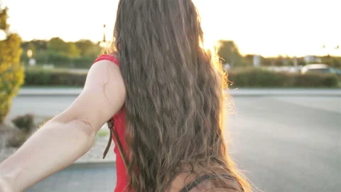 Point of View. Portrait of Happy Young Woman Holding Hand of her Boyfriend Stock Footage 114258545
