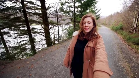 Point of View POV Couple Holding Hands White Trees Happy Outdoors Romantic Stock Footage