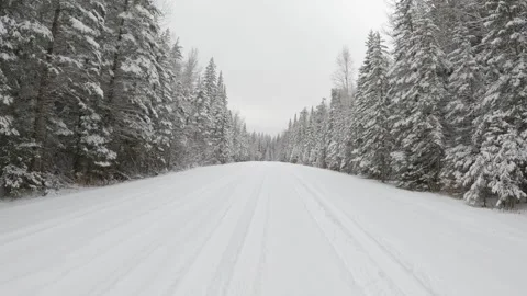 Point of view, POV, from the front of a vehicle that is driving on a snowy road Stock Footage 279498395