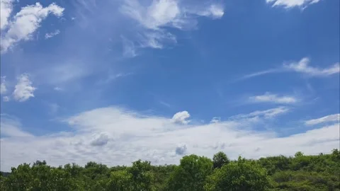 Point of view (POV) from a moving car window showcasing scenic blue sky, white c Stock Footage 339744291