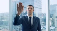 Point Of View Shot Of The Businessman Using Augmented Reality Touchscreen. Stock Footage