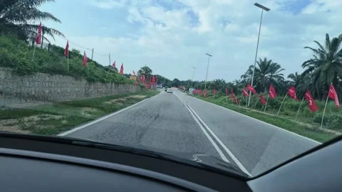 Point of view shot driving on a rural asphalt road with flags alongside. Vidéo 341324376