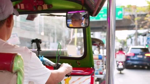 Point of View Shot from Inside a Tuk Tuk in Bangkok Traffic Stock Footage 327262607