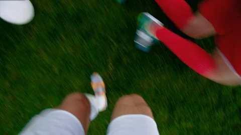 Point of View Shot of Professional Soccer Player Dribbling the Ball, overtaking Stock Footage