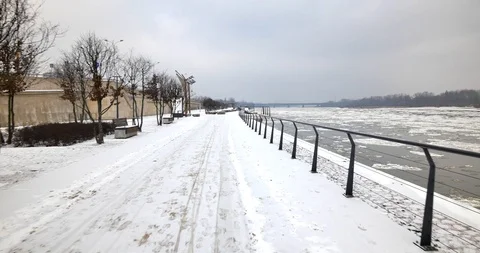 Point of View shot of ride on the sidewalk covered in snow. Stock-Footage 86651360