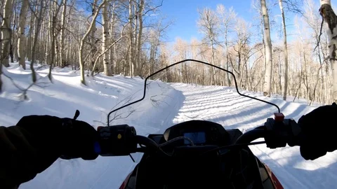 Point of view shot of a snowmobile driver riding the motor sledge in high speed. Stockbeeldmateriaal 108941294