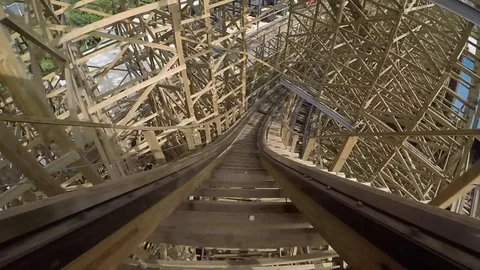 Point of view shot of a wooden rollercoaster Stock Footage