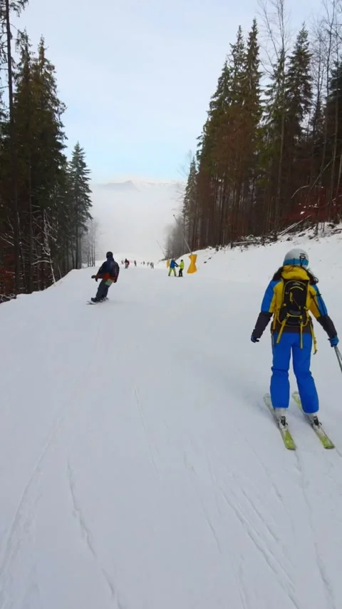 Point of view skiing by winter ski slope Stock Footage 169221074
