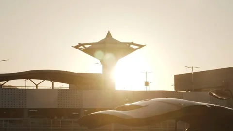 Point view: Sunrise sun shining over the tower and the road Stock Footage 104202314