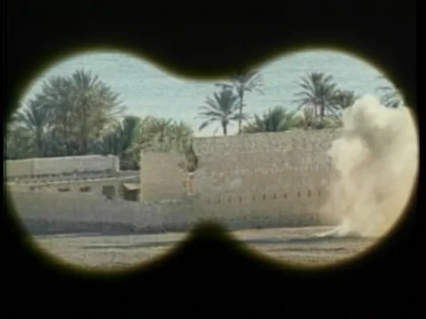 Point of view through binoculars of blast by fort, 1970s Видео 260258444