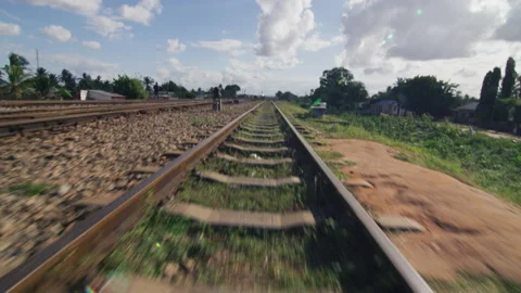 Point Of View Of Train Moving Along Tracks In Africa，Tanzania Video stock 131377900