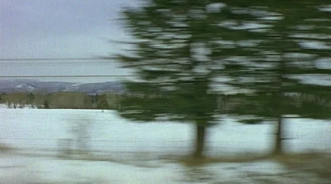 Point of view from train passenger window tracking shot of winter forest range Stock Footage 29807579