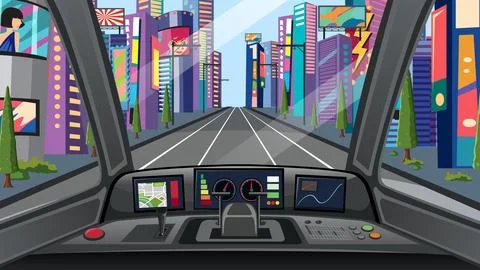 Point of View Vector Illustration of Driving Through a Vibrant City 스톡 일러스트