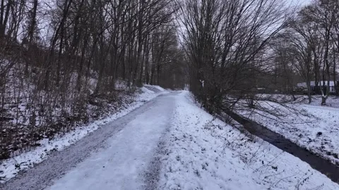 Point of view walking on snowy icy forest path in winter Stock Footage 346430157