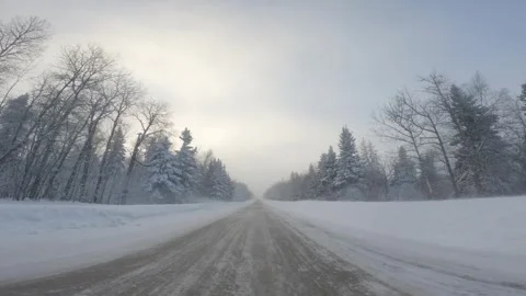 Point of view while driving quickly along a snowy road through a snow forest Stock Footage 296658545
