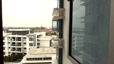 Point of view from window looking at birds at a modern apartment. Handheld. Stock Footage 150933448