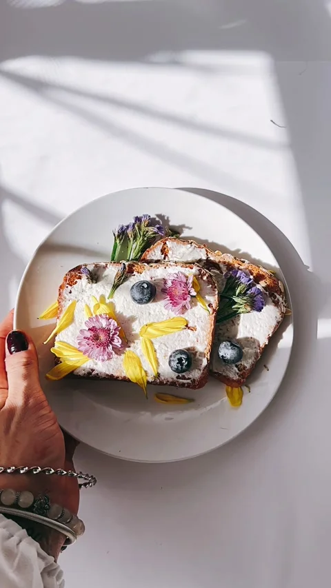 Point of View, Woman, Setting Down, Plate, Toasted Bread, Cream Cheese Stock Footage 267166884