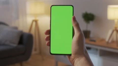 Point of View of Young Man at Home Living Room using With Green Mock-up Screen Stock Footage 205572038