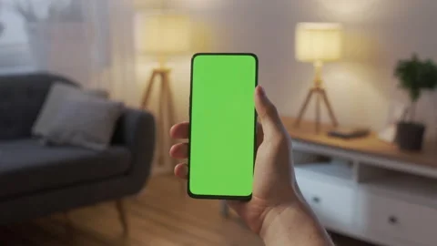 Point of View of Young Man at Home Living Room using With Green Mock-up Screen Stock Footage 205572908