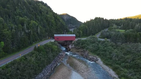 Point Wolfe Covered Bridge aerial view in Fundy Biosphere Reserve Stock Footage 213324741