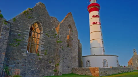 Pointe Saint Mathieu lighthouse and abbey ruins, Finistere, Brittany, France Stock Footage 293136951