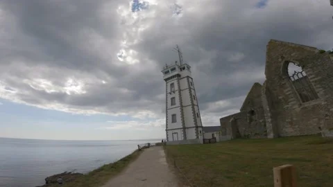 Pointe Saint Mathieu ruins and lighthouse - Plougonvelin, Finistere, Brittany Stock Footage 185705968