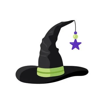 Pointed black witch hat with green band and star charm vector halloween acces Stockillustratie