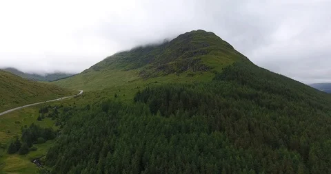 Pointed Green Hill with Pine Trees and Low Soft Clouds in the Morning 動画素材 97592219