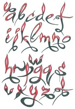 Pointed interlaced font with black loops and red tongues of fire Stock Illustration