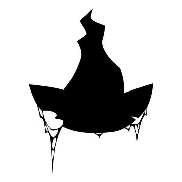 Pointed magical witch hat, black silhouette, with torn edges and hanging cobwebs Illustrazione stock