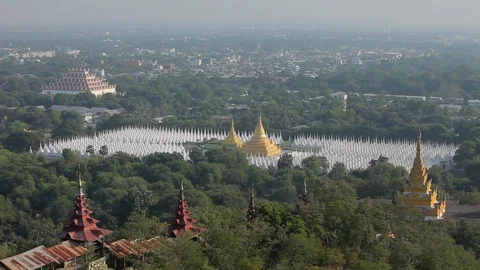 Pointed rooftops of the Shwe Dagon Pagoda, Myanmar Stock Footage 102640929