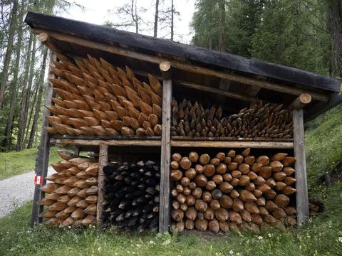 Pointed wood logs pattern inside hut Stock Photos