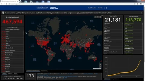 A pointer analyzing Coronavirus cases (COVID-19) in USA Video stock 127252935