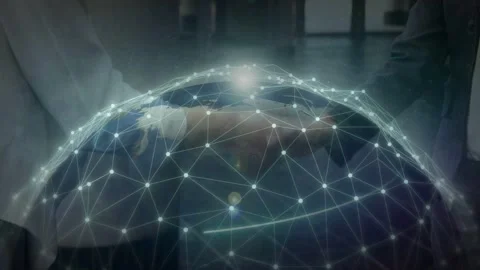 Pointer approaching globe, team gesturing, nodes pulsing and lines forming, 動画素材 334743735