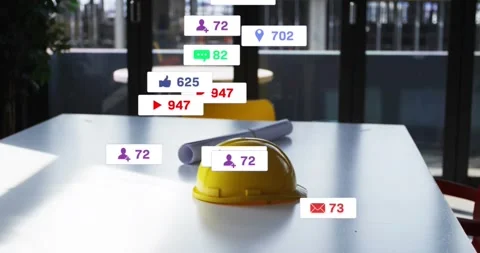 Pointer arrow drifting downward activating icons swirling around hard hat Stock Footage 318046718