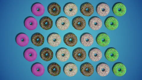 Pointer arrow made of donuts with icing and sprinkles on blue background Stock Footage 194655131