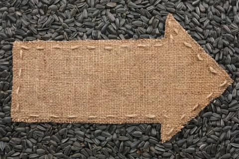 Pointer of  burlap lies on sunflower seeds Stock Photos