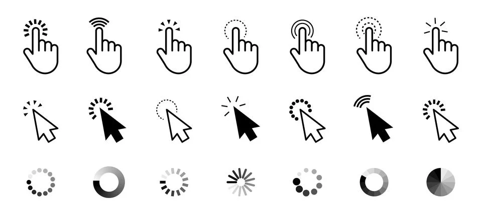 Pointer click icons. Arrows and hands cursors tools. Vector website search Stock Illustration