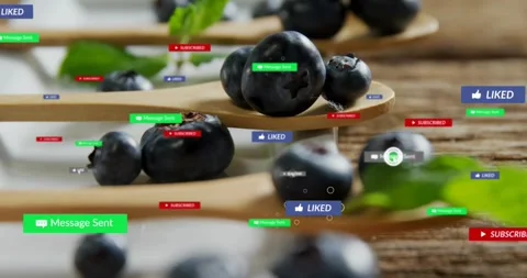 Pointer clicking badges, spoons with berries mint, social badges peaking then Video stock 331833055