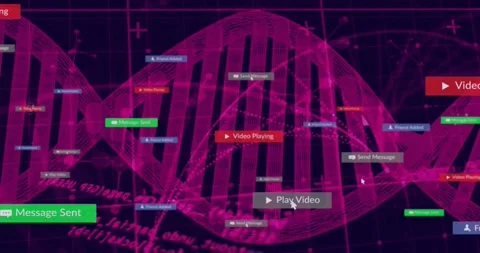 Pointer clicking grey play, magenta helix twisting while UI tags floating, Stock Footage 321100333