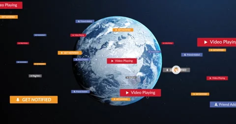 Pointer clicking play icon sending notification tags orbiting globe before Stock Footage 314743865