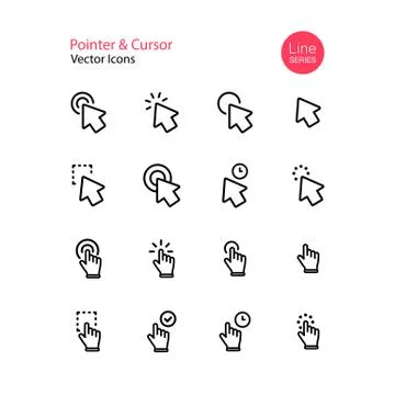 Pointer cursor line icon set. Computer mouse, click, arrow, touch gesture, se Stockillustratie