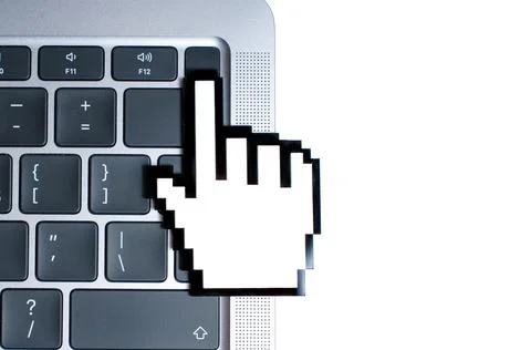 Pointer Cursor Shape Touches a Laptop's Fingerprint Scanner Stock Photos