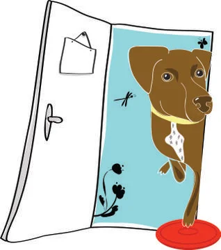 Pointer dog standing in door with frisbee Stock Illustration