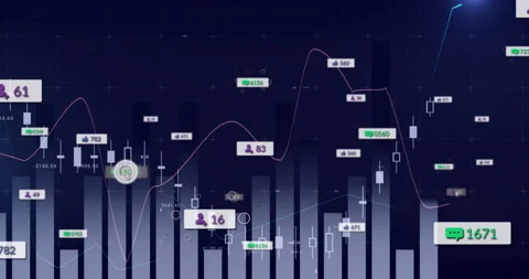 Pointer gliding on candlestick chart popping user icons and chat bubbles showing Video stock 312845524